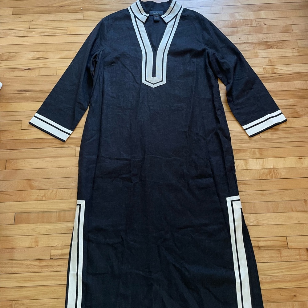 Karen Kane St. Tropez Midi black linen dress with white stripes LARGE - Picture 2 of 8